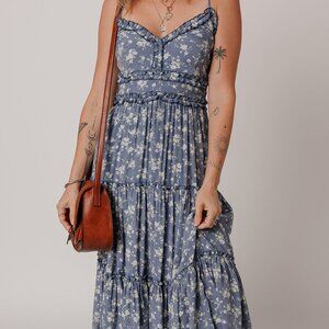 B266 Blue Floral Spaghetti Strap Frilled V Neck Tiered Midi Dress